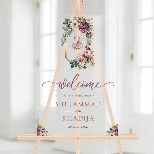 Purple Floral Crest Muslim Wedding Welcome Acrylschild