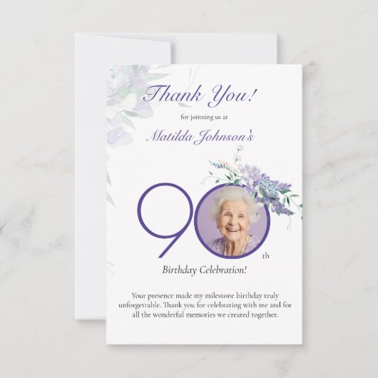 Purple Floral Elegant Custom Photo 90th Birthday Dankeskarte (Vorderseite)