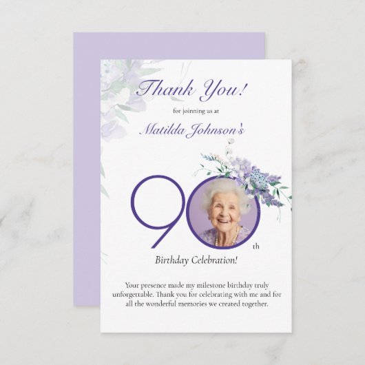 Purple Floral Elegant Custom Photo 90th Birthday Dankeskarte (Vorne/Hinten)