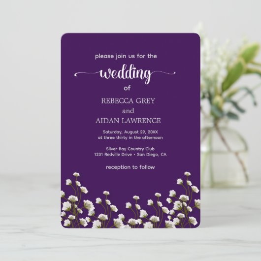 Purple Floral Elegant Wedding Invitation Einladung (Stehend Vorderseite)