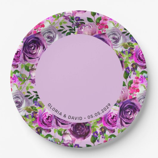 Purple Floral Elegant Wedding Pappteller (Vorderseite)