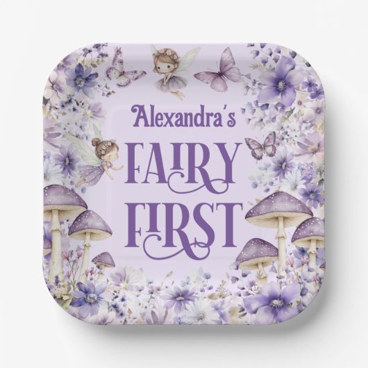 Purple Floral Fairy First Birthday Square Pappteller (Vorderseite)