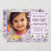 Purple Floral Fairy First QR Code Photo Birthday Einladung (Vorne/Hinten)