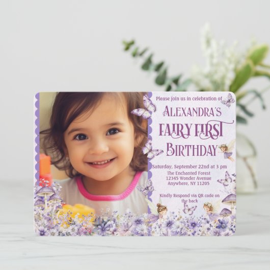 Purple Floral Fairy First QR Code Photo Birthday Einladung (Stehend Vorderseite)