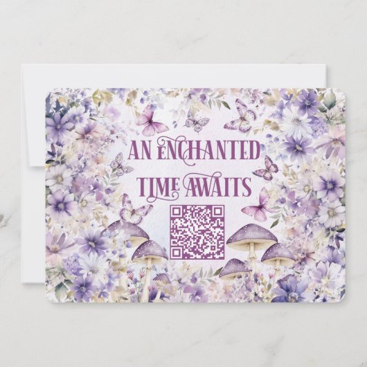Purple Floral Fairy First QR Code Photo Birthday Einladung (Rückseite)