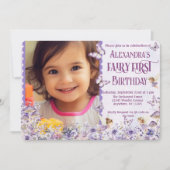 Purple Floral Fairy First QR Code Photo Birthday Einladung (Vorderseite)