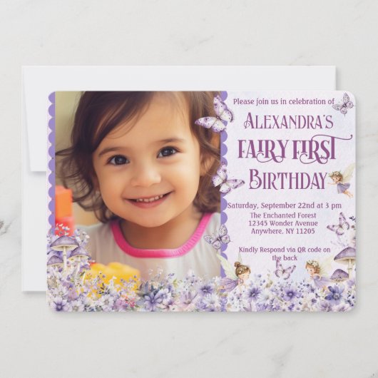 Purple Floral Fairy First QR Code Photo Birthday Einladung (Vorderseite)