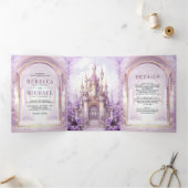 Purple Floral Fairytale Castle All in One Wedding Dreifach Gefaltete Einladung (Innenseite)