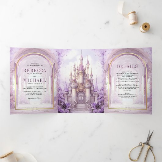 Purple Floral Fairytale Castle All in One Wedding Dreifach Gefaltete Einladung (Innenseite)
