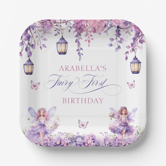 Purple Floral Fantasy Fairy First Birthday Pappteller (Vorderseite)