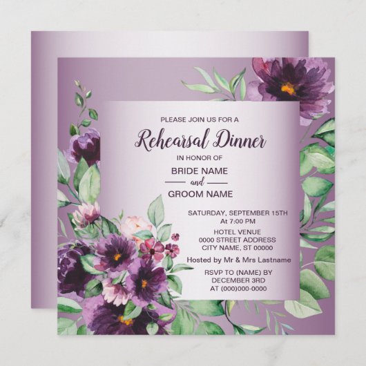 Purple Floral Geometric Greenery Rehearsal Dinner  Einladung (Vorne/Hinten)