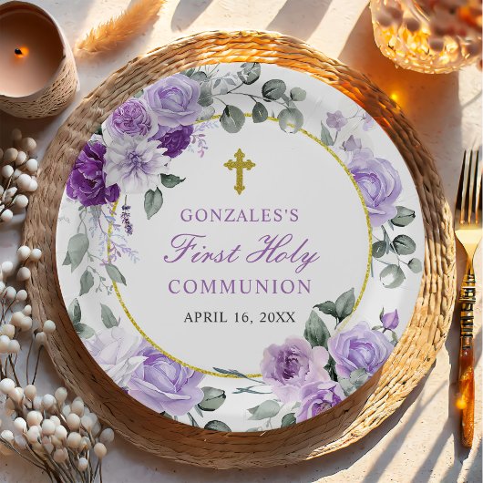 Purple Floral Girl First Holy Communion Pappteller