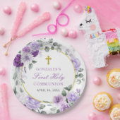 Purple Floral Girl First Holy Communion Pappteller (Party)