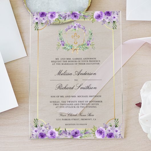 Purple Floral Gold Catholic Cross Wedding Acryleinladungen
