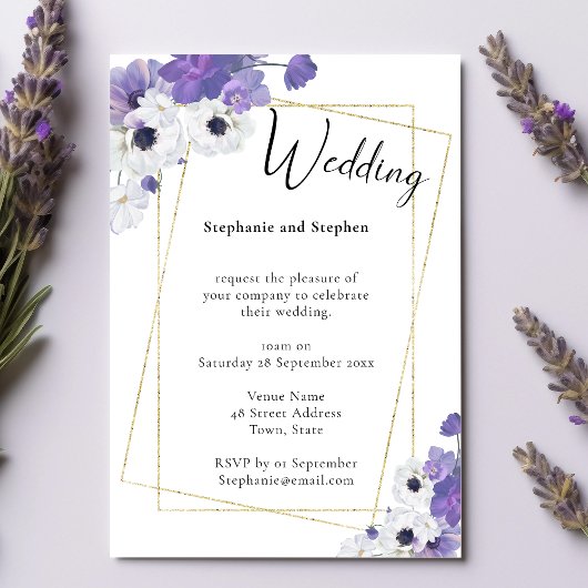 Purple Floral & Gold Geometric Wedding Einladung