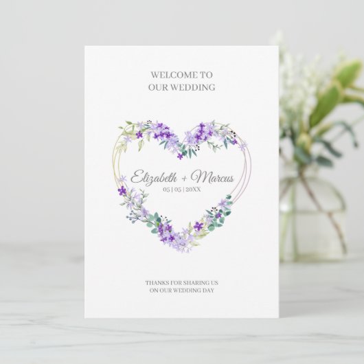 Purple Floral Heart for Wedding Sand Ceremony Programm (Stehend Vorderseite)