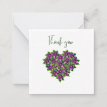 Purple Floral Heart Thank You Flat Notecard