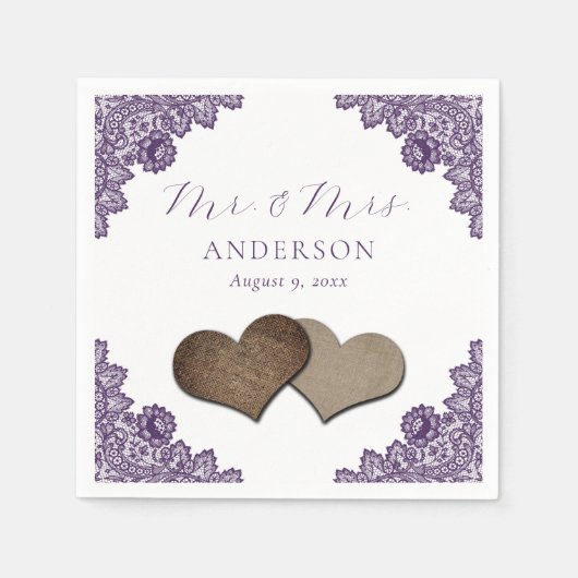 Purple Floral Lace Burlap Hearts Mr & Mrs Wedding Serviette (Vorderseite)