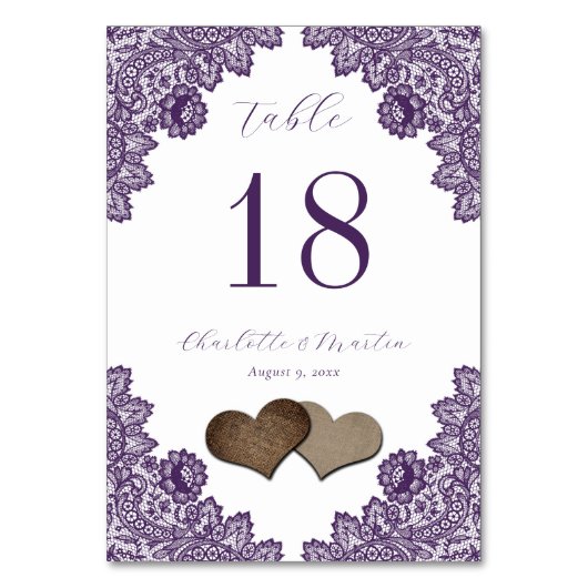 Purple Floral Lace Burlap Hearts Rustic Tischnummer (Vorderseite)