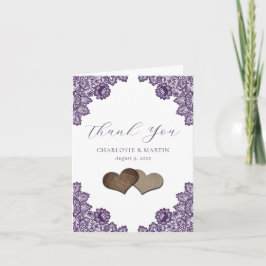 Purple Floral Lace Burlap Hearts Rustic Wedding Dankeskarte
