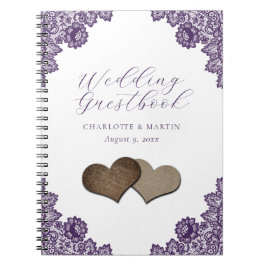 Purple Floral Lace Burlap Hearts Wedding Guestbook Notizblock