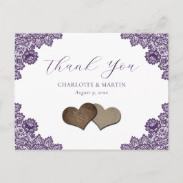 Purple Floral Lace Burlap Hearts Wedding Thank You Postkarte