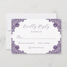 Purple Floral Lace Rustic Burlap Hearts Wedding RSVP Karte