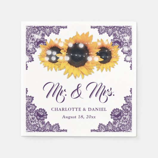 Purple Floral Lace Sunflower Wedding Serviette (Vorderseite)