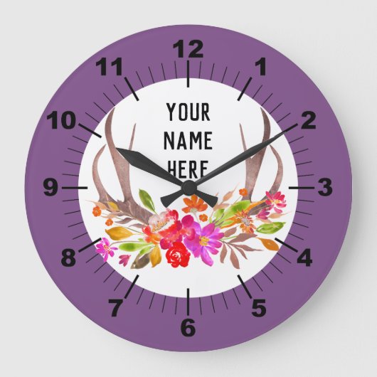 Purple Floral Large Clock Große Wanduhr (Vorderseite)