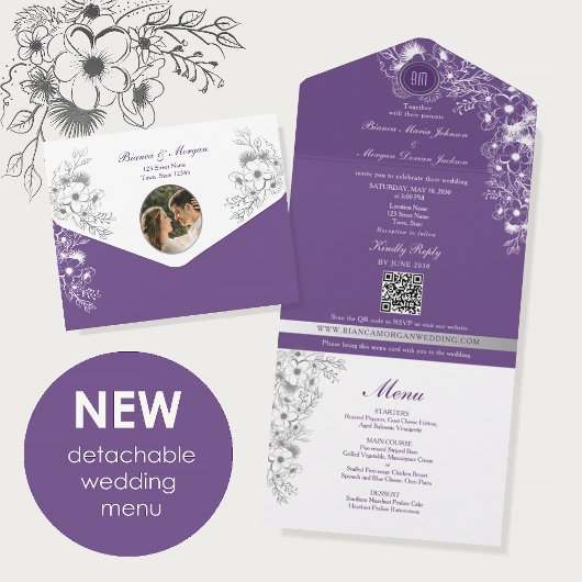 Purple Floral Menu Photo Wedding All In One Einladung