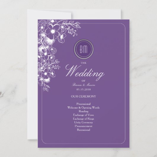 Purple Floral Monogram Wedding Program (Vorderseite)