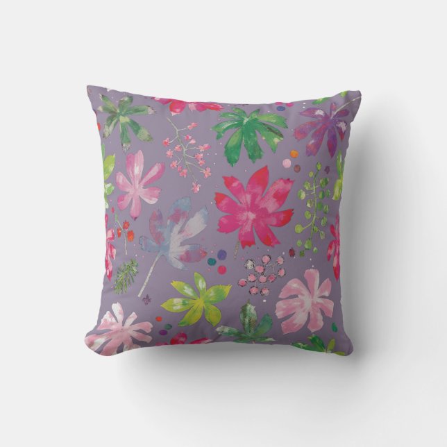 Purple Floral Pattern Pillow – Pink & Green Garden Kissen (Vorderseite)