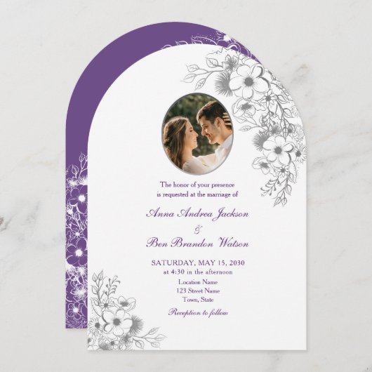 Purple Floral Photo Arched Wedding Einladung (Vorne/Hinten)