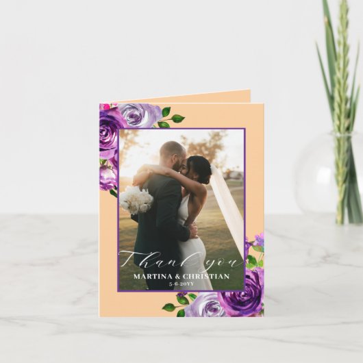 Purple Floral Photo Wedding Folded Dankeskarte (Vorderseite)