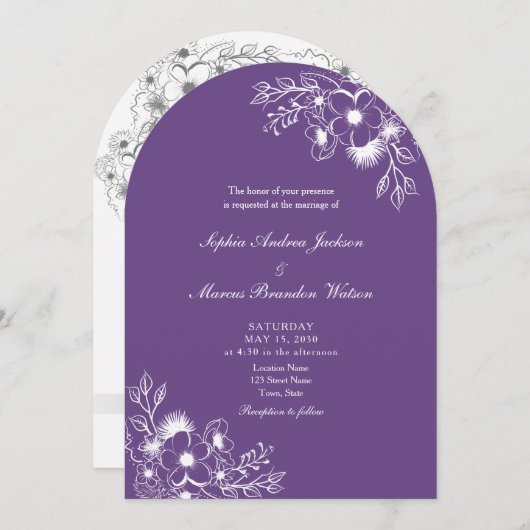 Purple Floral QR Code Wedding Einladung (Vorne/Hinten)