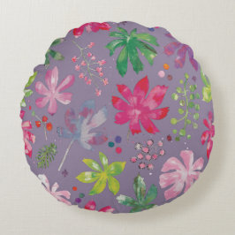 Purple Floral Round Pillow – Pink Garden Pattern  Rundes Kissen