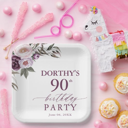 Purple Floral Script 90th Birthday  Pappteller (Party)