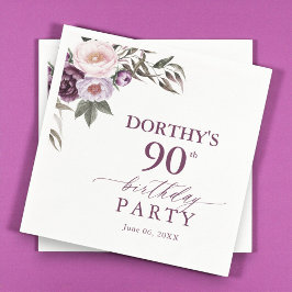 Purple Floral Script 90th Birthday Serviette