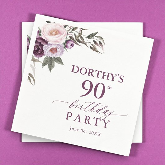 Purple Floral Script 90th Birthday Serviette