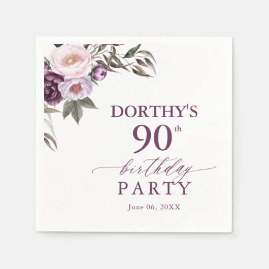 Purple Floral Script 90th Birthday  Serviette (Vorderseite)
