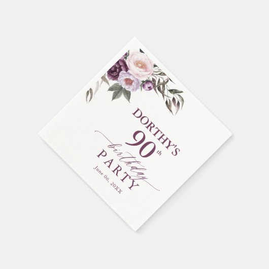 Purple Floral Script 90th Birthday  Serviette (Ecke)