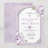 Purple Floral Silver Cross First Holy Communion Einladung (Vorne/Hinten)
