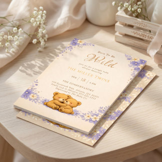 Purple Floral Twin Teddy Bear Born To Be Wild Einladung