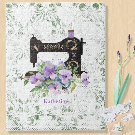 Purple Floral Vintage Sewing Machine Personalized Puzzle
