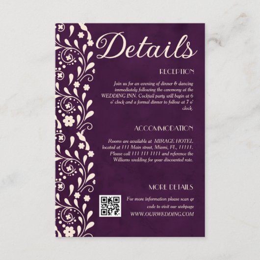 Purple Floral Wedding Details QR code Begleitkarte (Vorderseite)