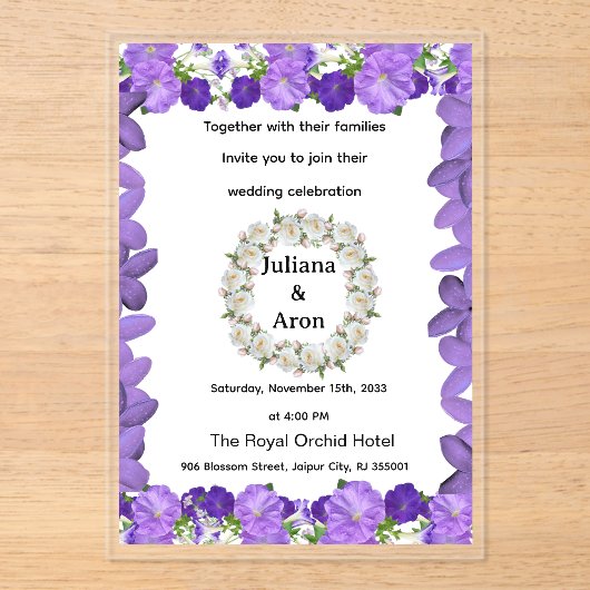 Purple Floral Wedding Invitation – Elegant Garden  Acryleinladungen (Vorderseite)