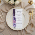 Purple Floral Wedding Menu Card Menükarte<br><div class="desc">An elegant purple floral wedding menu card featuring soft watercolor flowers in lavender, blush, and white, paired with delicate botanical line art for a romantic and sophisticated look. The tall vertical layout with a slim floral border and clean white background creates a refined presentation for starters, main course, and dessert....</div>