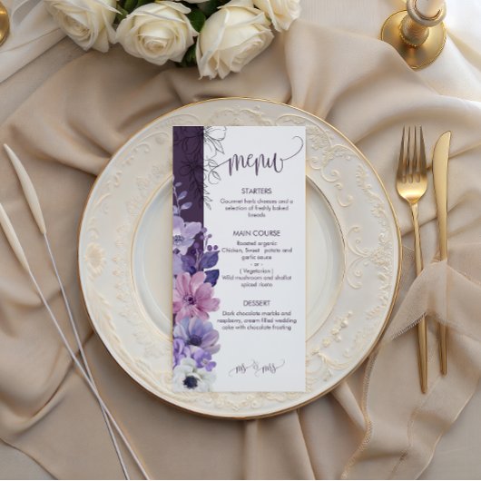 Purple Floral Wedding Menu Card Menükarte