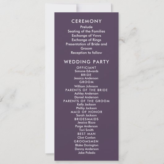 Purple Floral Wedding Program Card (Rückseite)