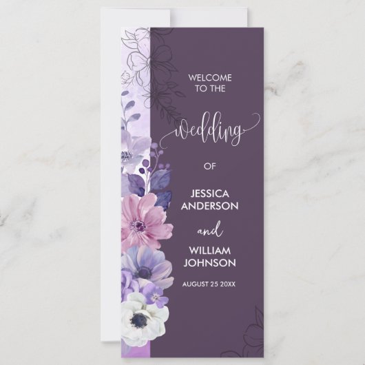 Purple Floral Wedding Program Card (Vorderseite)